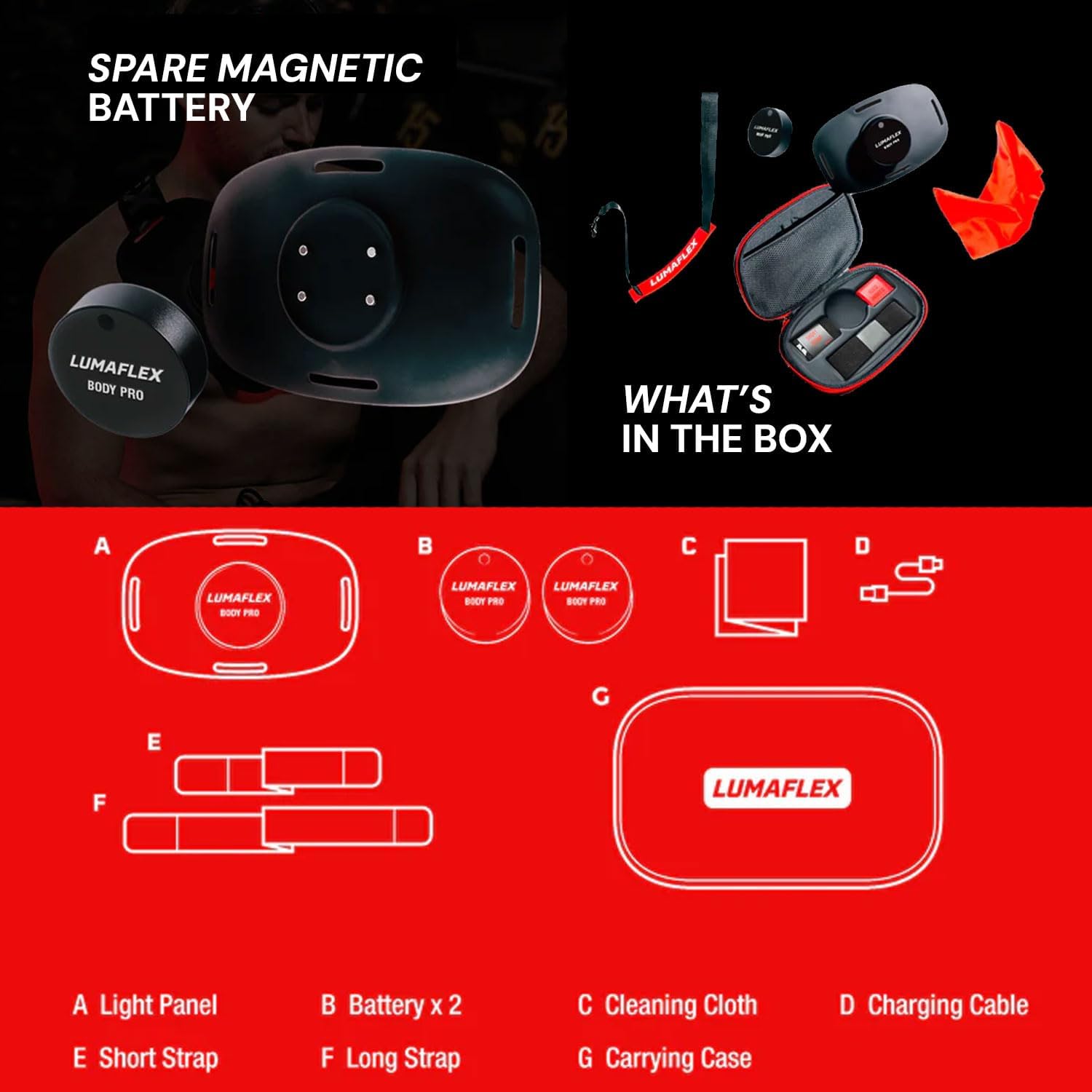 Lumaflex spare magnetic battery with packaging and included items on a black and red background.
