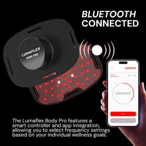 Lumaflex Body Pro device with smartphone app on a black background