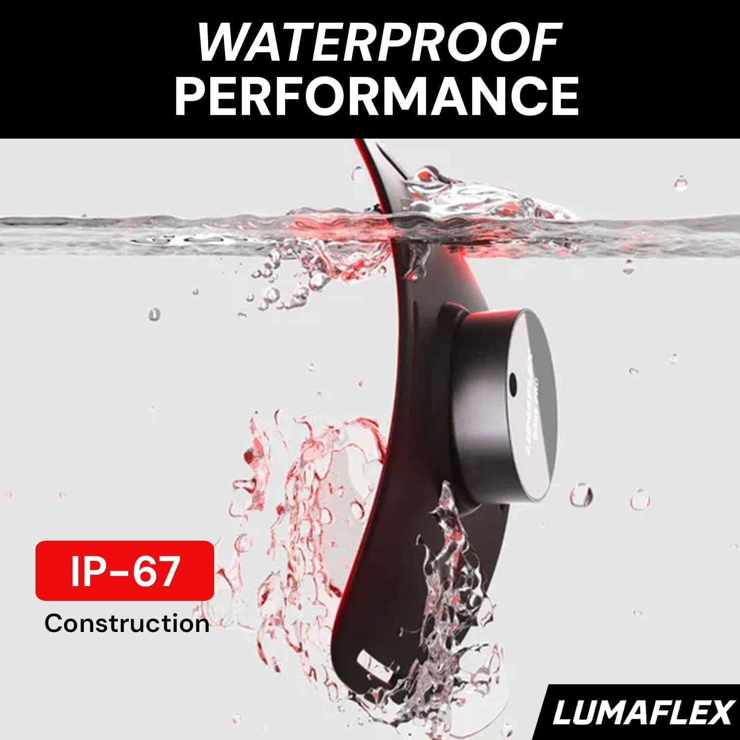 Lumaflex product being submerged in water with 'Waterproof Performance' text and IP-67 rating.