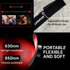 Lumaflex adjustable straps with red light and infrared wavelengths on a black background