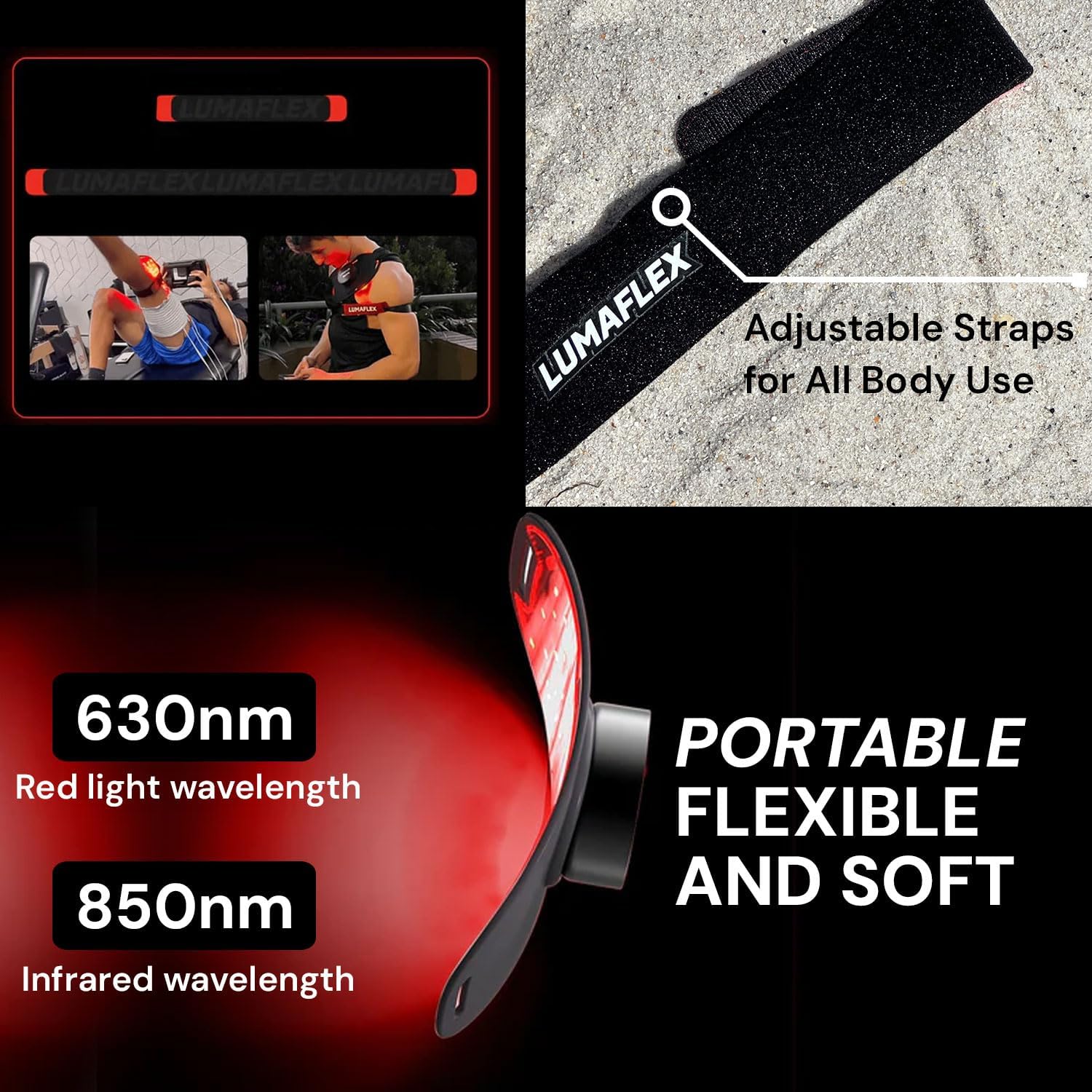 Lumaflex adjustable straps with red light and infrared wavelengths on a black background