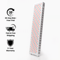 Tall white device with red lights on a white background, featuring icons and text about a 30-day risk-free trial, fast free shipping, and 3-year warranty.