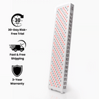 Tall white device with red lights on a white background, featuring icons and text about a 30-day risk-free trial, fast free shipping, and 3-year warranty.