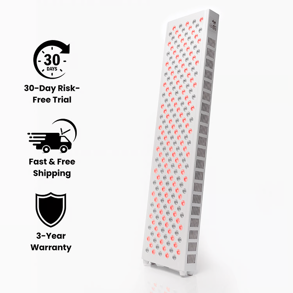 Tall white device with red lights on a white background, featuring icons and text about a 30-day risk-free trial, fast free shipping, and 3-year warranty.