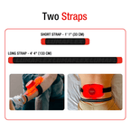 Two straps with measurements and examples of use on a white background