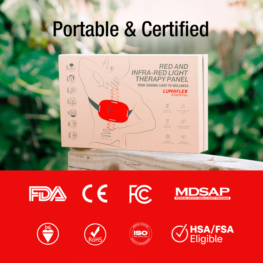 Lumaflex Red and Infrared Light Therapy Panel packaging with certification logos on a natural background
