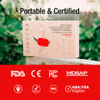 Lumaflex Red and Infrared Light Therapy Panel packaging with certification logos on a natural background