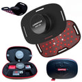 Lumaflex body pro device with red LED lights, black case, and accessories on a white background