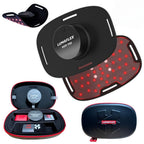 Lumaflex body pro device with red LED lights, black case, and accessories on a white background
