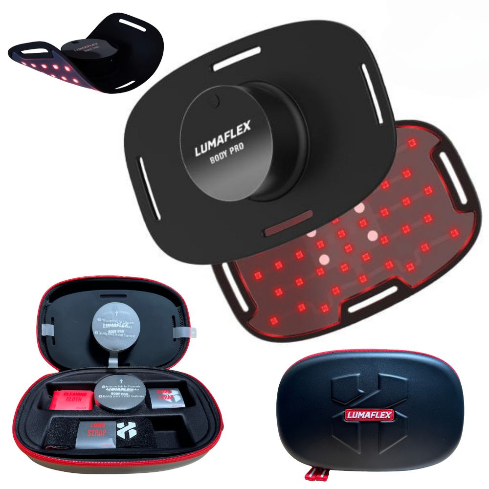 Lumaflex body pro device with red LED lights, black case, and accessories on a white background