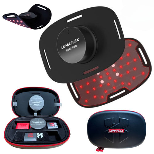 Lumaflex body pro device with red LED lights, black case, and accessories on a white background