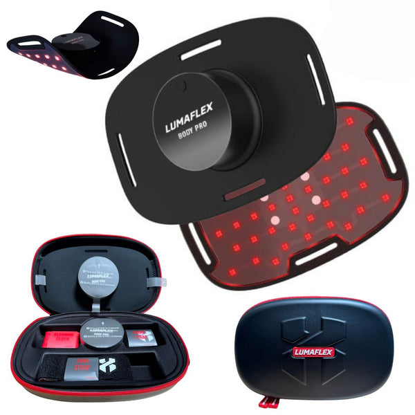 Lumaflex body pro device with red LED lights, black case, and accessories on a white background