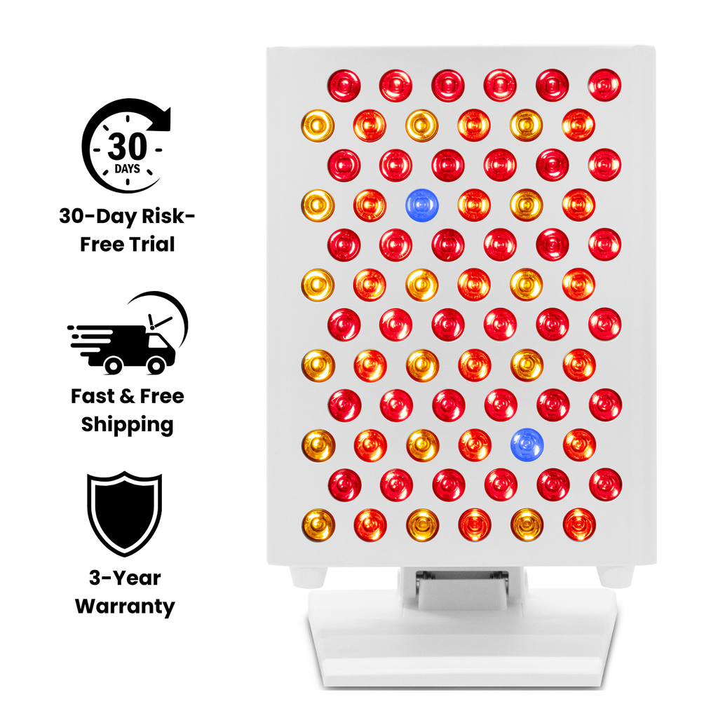 LED grow light with colored bulbs on a white background, featuring icons for 30-day risk-free trial, fast & free shipping, and 3-year warranty.