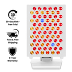 LED grow light with colored bulbs on a white background, featuring icons for 30-day risk-free trial, fast & free shipping, and 3-year warranty.