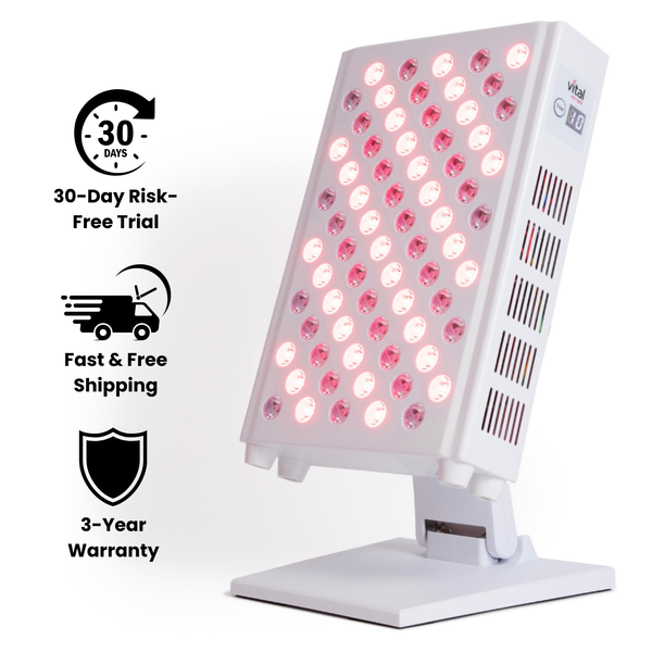 White LED light therapy device with red and pink lights on a white background, featuring promotional text.