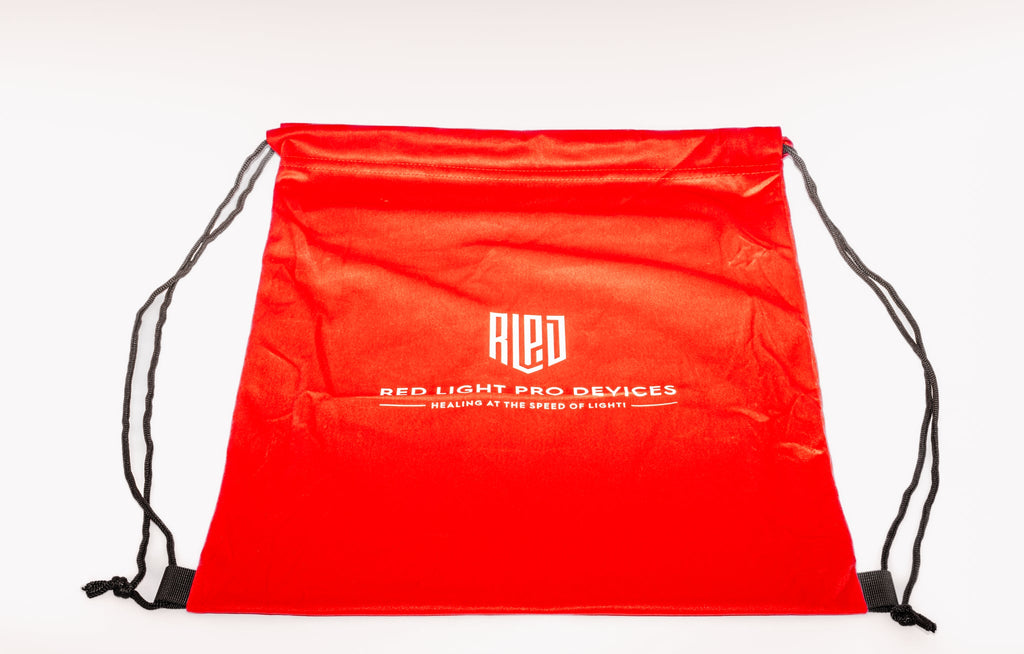 Red drawstring bag with 'Red Light Pro Devices' logo on a white background