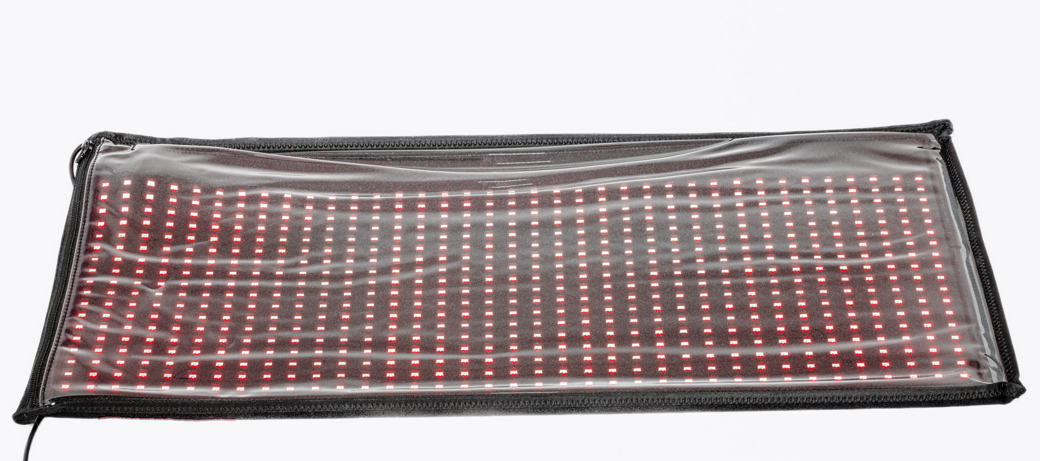 Rectangular LED display panel with red and white lights on a clear background