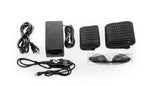 Set of black electronic components and accessories on a white background