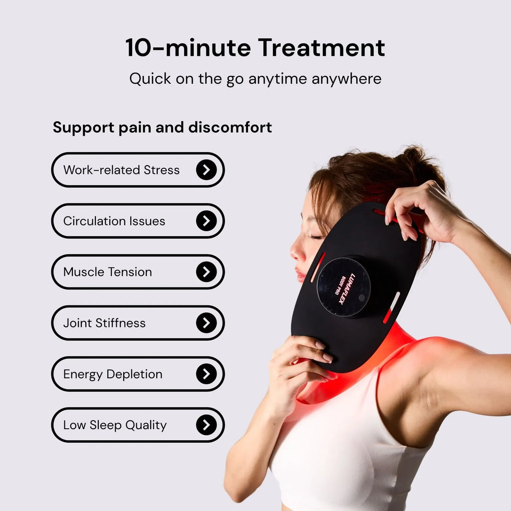 Woman using a neck and shoulder massager with text highlighting its benefits on a light gray background.