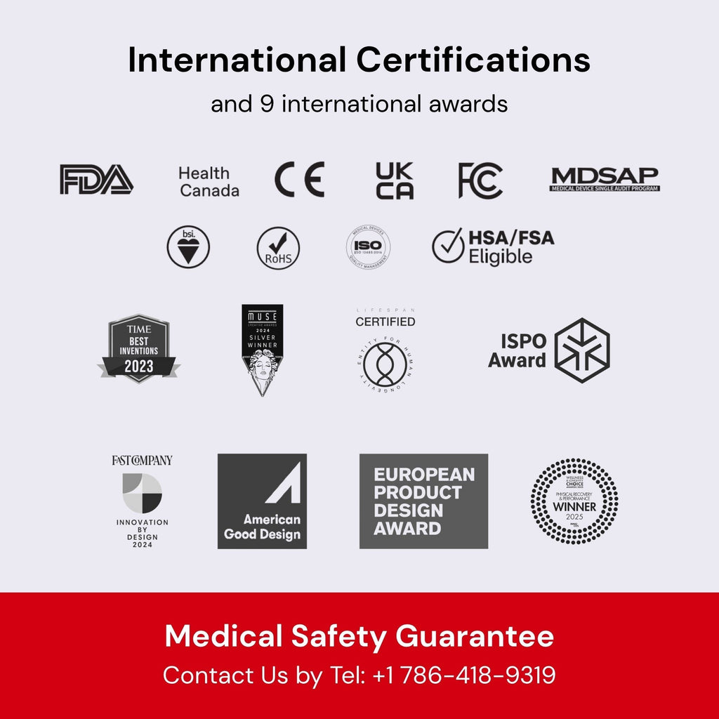 Collection of international certifications and awards on a white background with a red banner at the bottom.