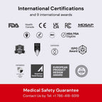 Collection of international certifications and awards on a white background with a red banner at the bottom.