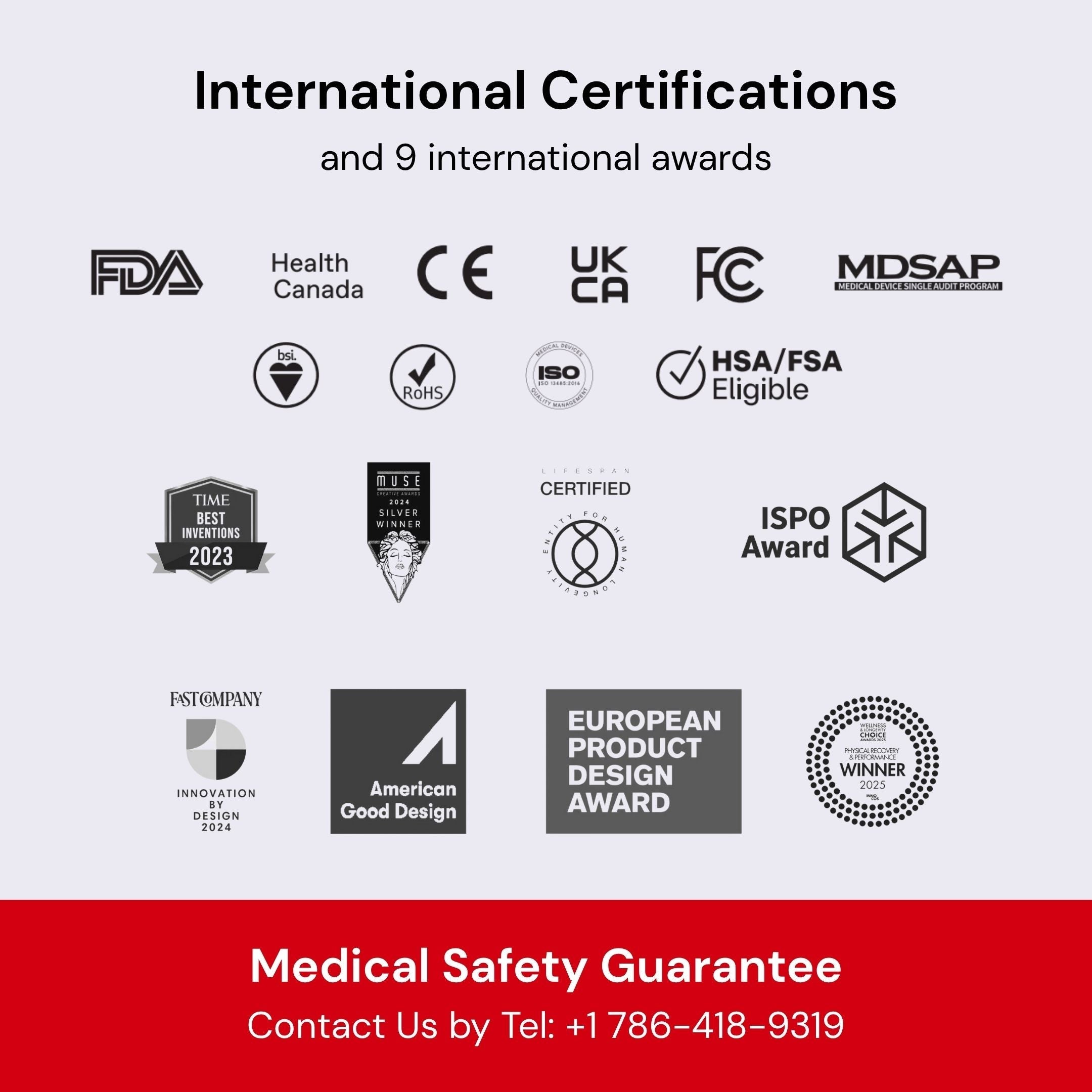 Collection of international certifications and awards on a white background with a red banner at the bottom.
