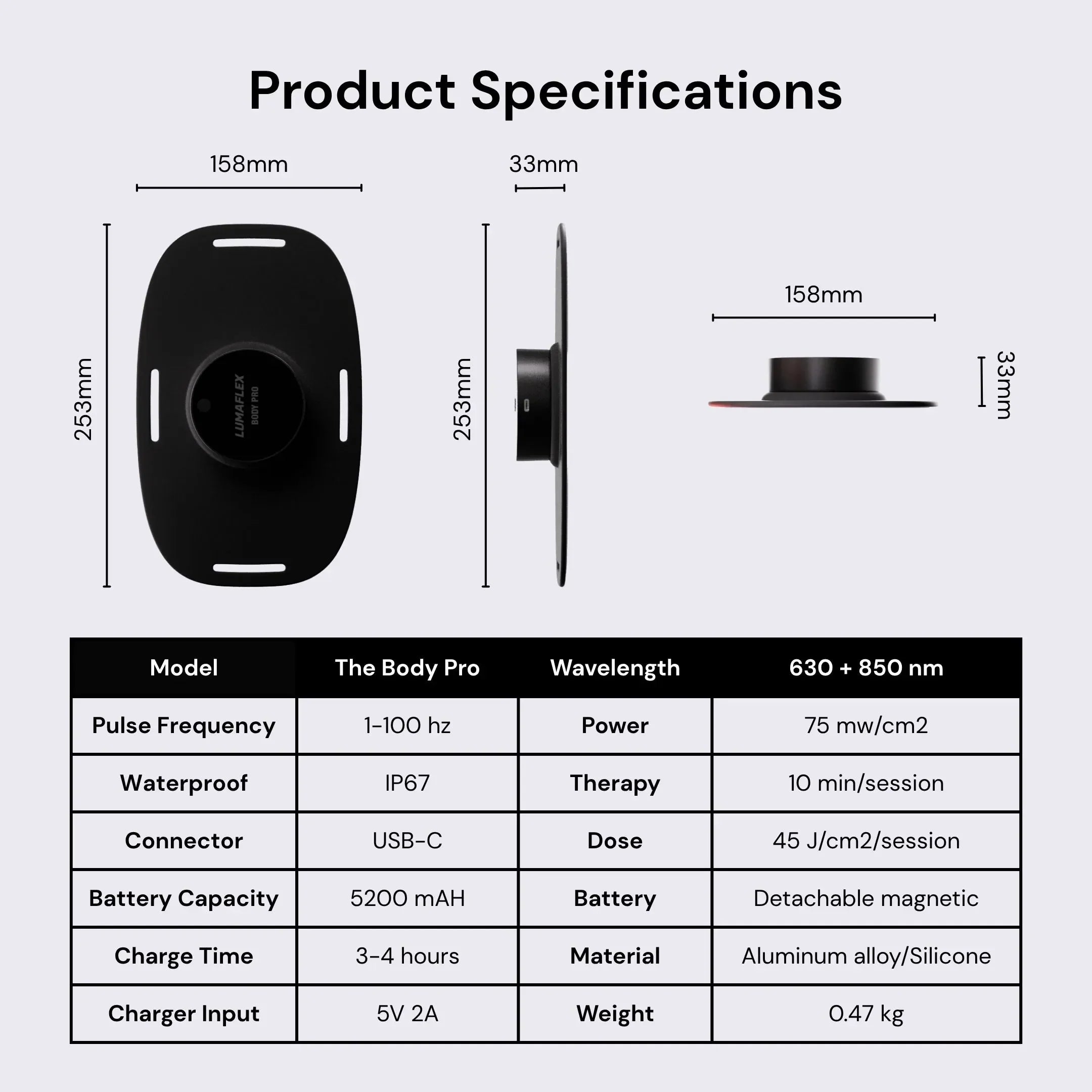 Product specifications of a device with dimensions and technical details.