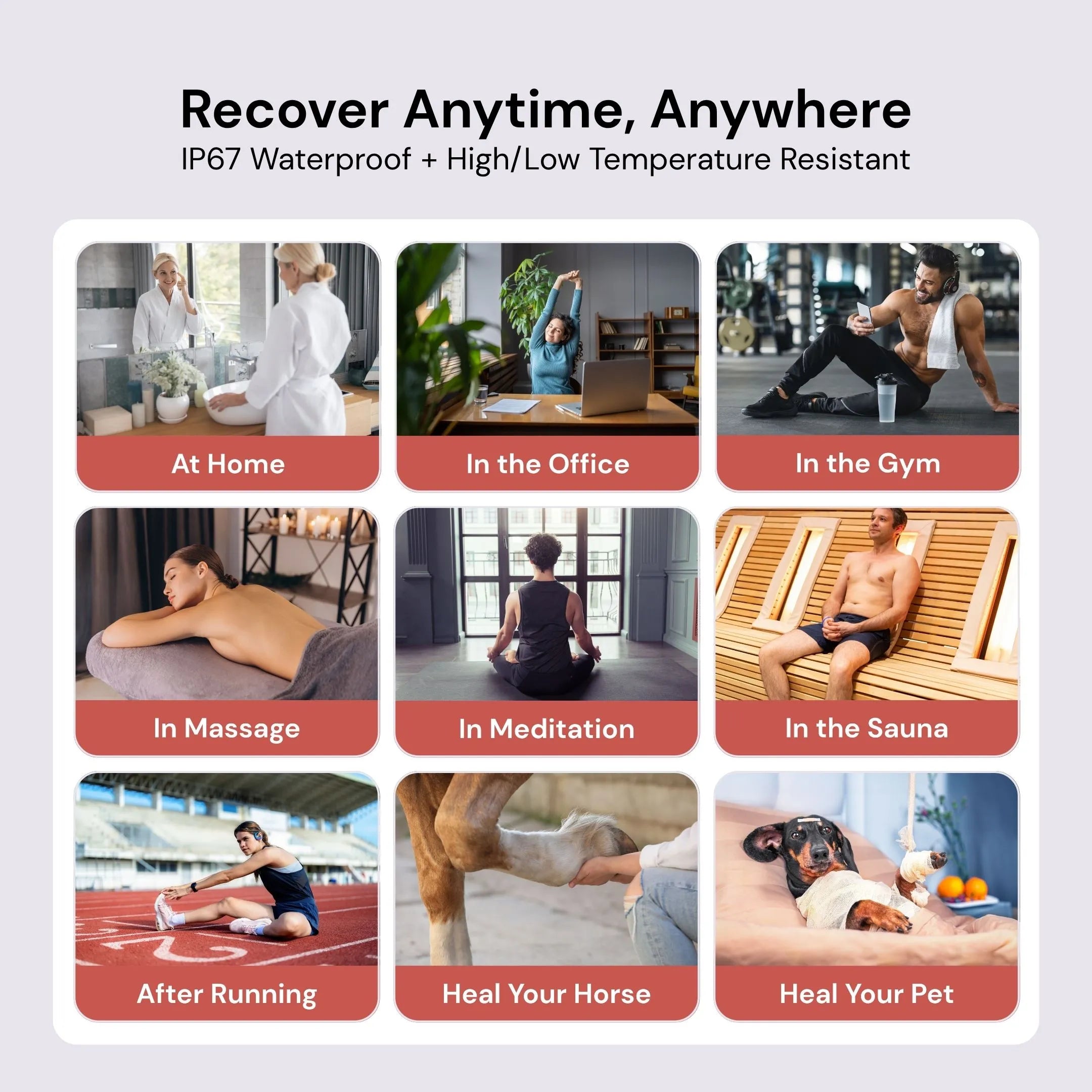 Collage of people using a product in various settings with text 'Recover Anytime, Anywhere'.