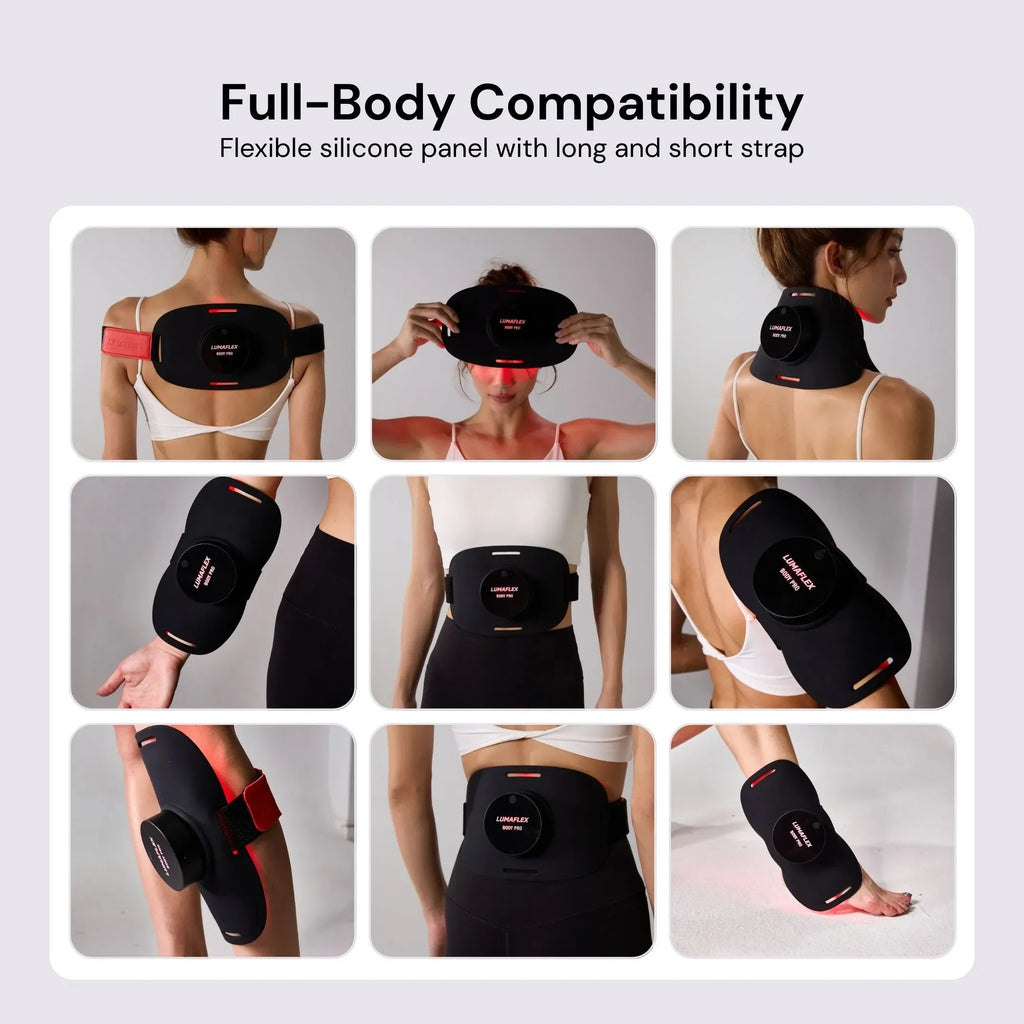 Flexible silicone panel with long and short strap for full-body compatibility, shown on various body parts.