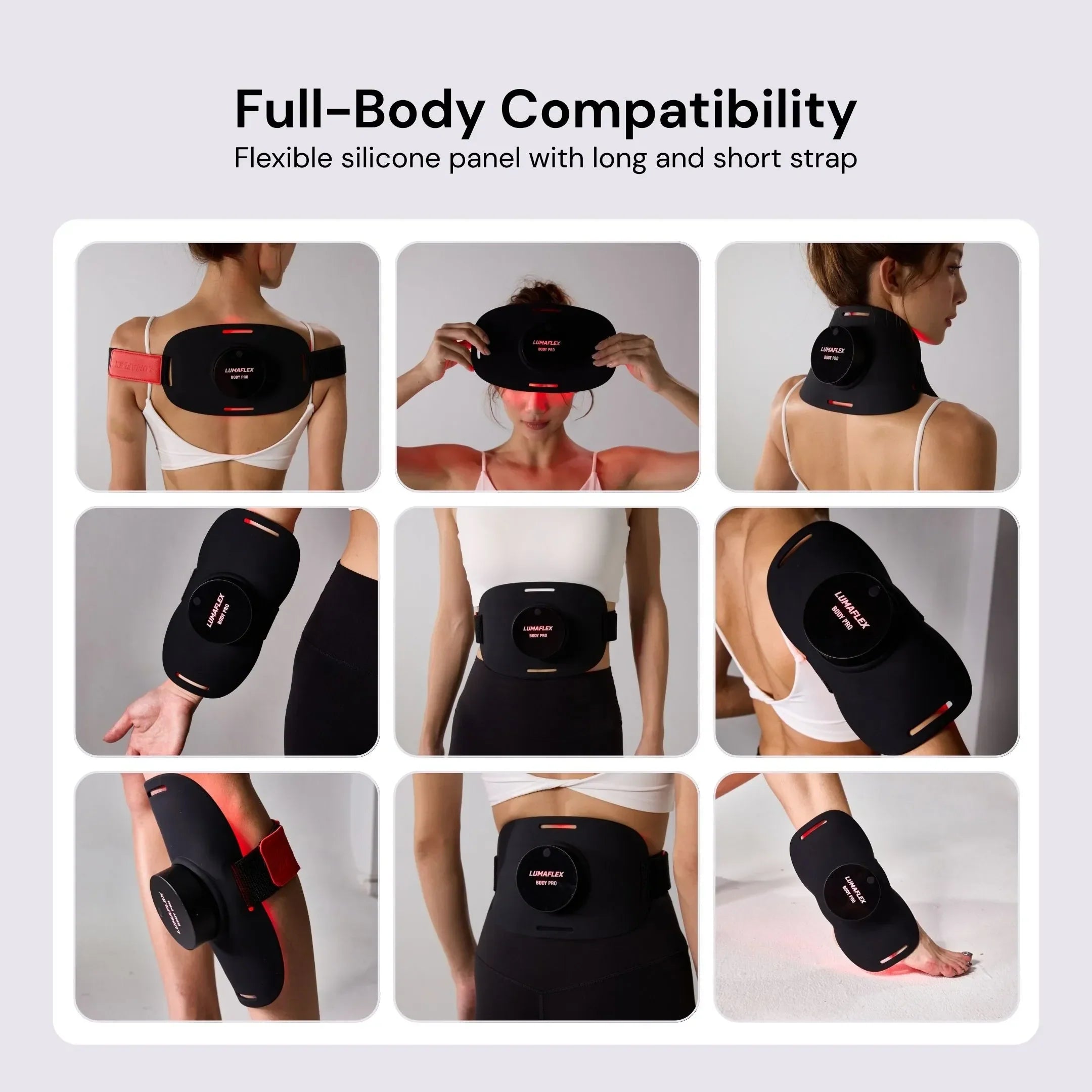 Flexible silicone panel with long and short strap for full-body compatibility, shown on various body parts.