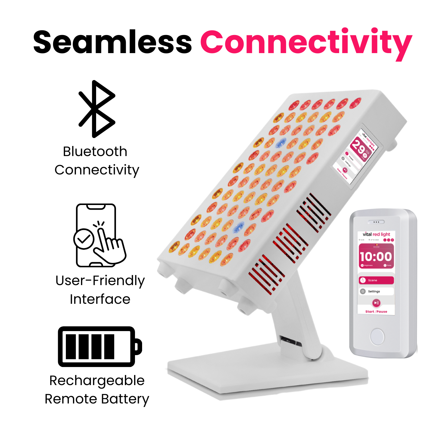 LED light panel with Bluetooth connectivity, user-friendly interface, and rechargeable remote battery on a white background.