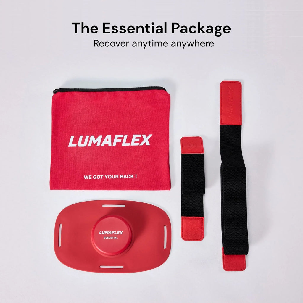 Lumaflex recovery package with red pouch, straps, and device on a light gray background