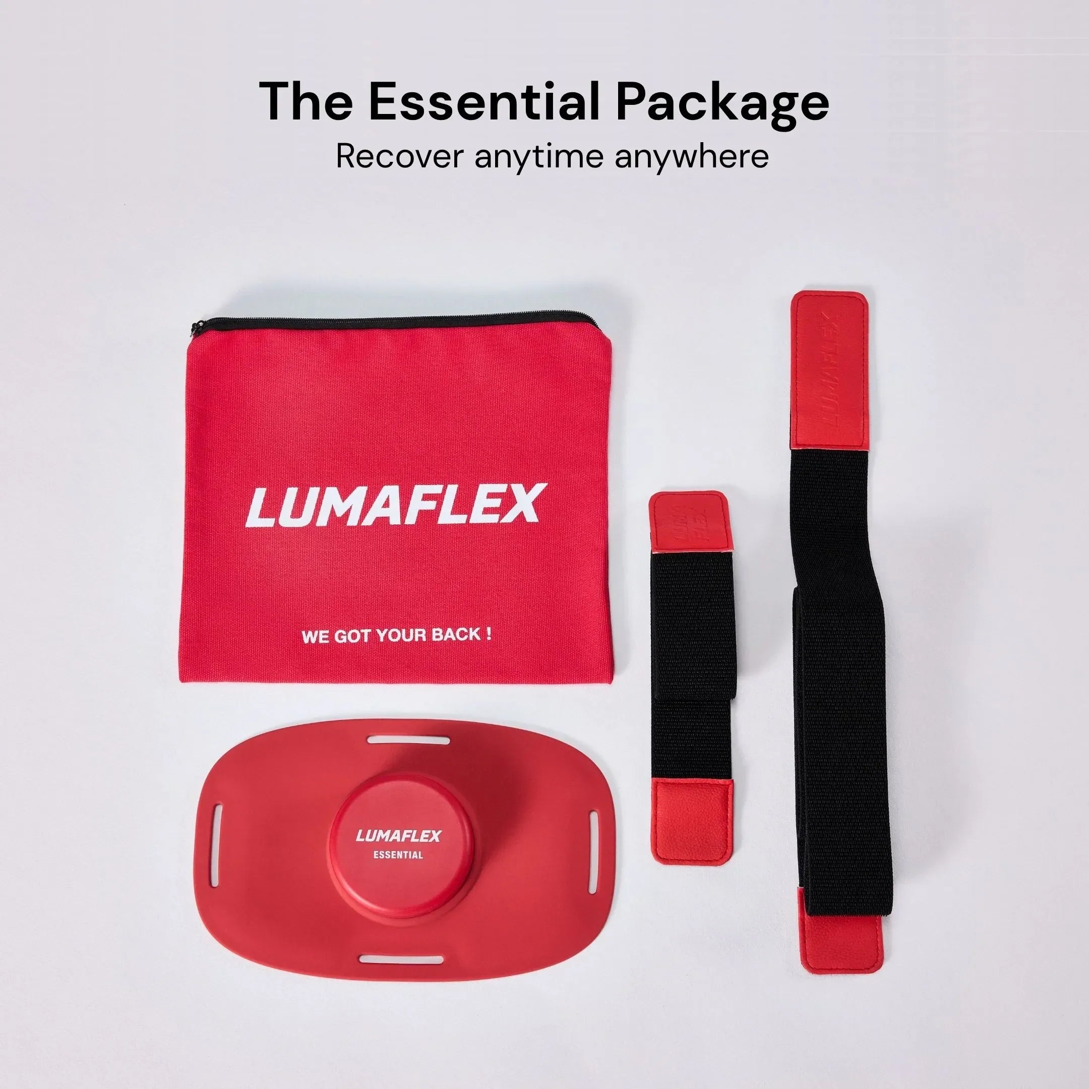 Lumaflex recovery package with red pouch, straps, and device on a light gray background