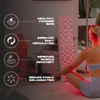 Woman receiving red light therapy in a clinical setting with text highlighting benefits.
