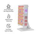Skin care device with LED lights and text indicating its benefits on a white background