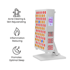 Skin care device with LED lights and text indicating its benefits on a white background