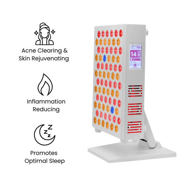 Skin care device with LED lights and text indicating its benefits on a white background