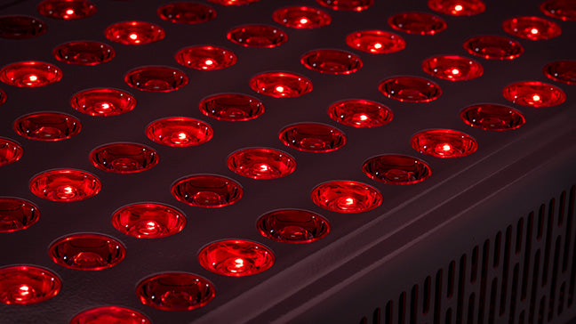 Close-up of a red LED light panel with a dark background