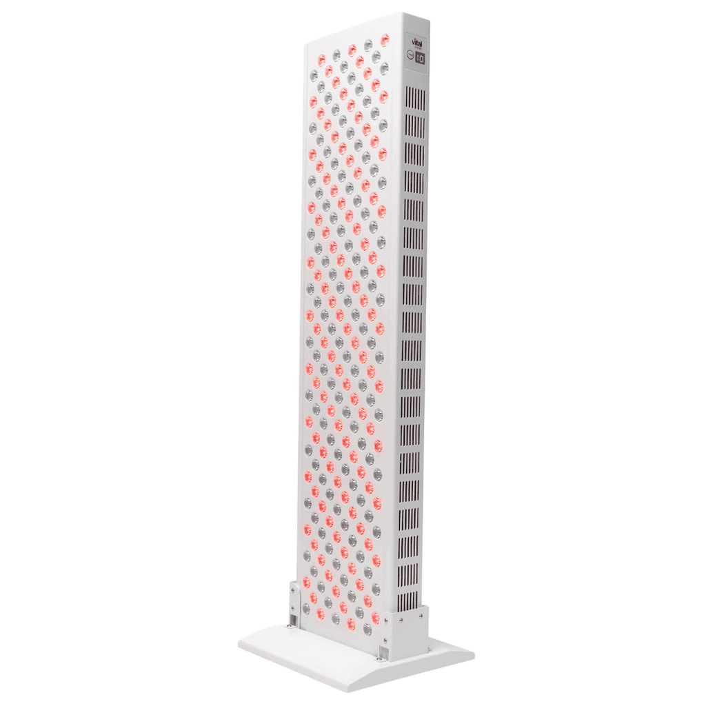 Tall  red light teraphy vertical tower  on a white background