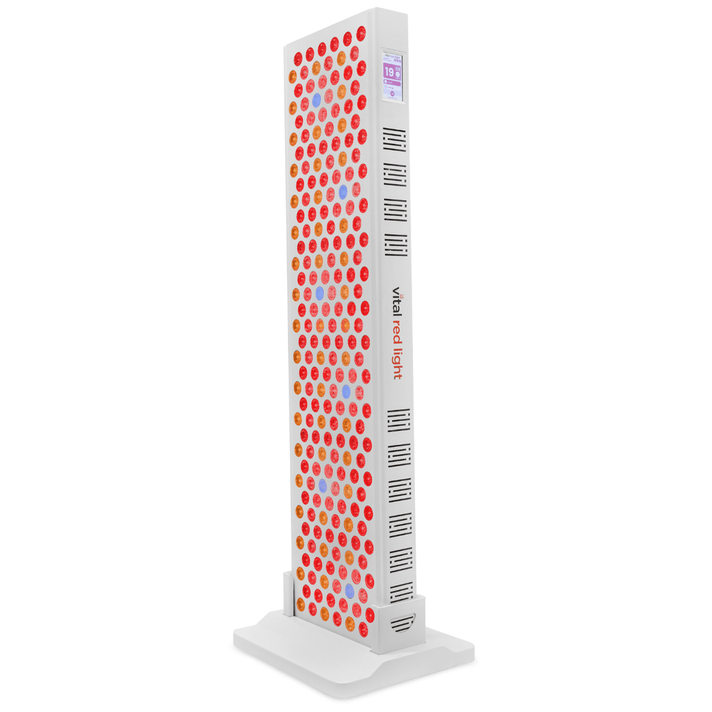 Tall, rectangular red light teraphy device on a white background