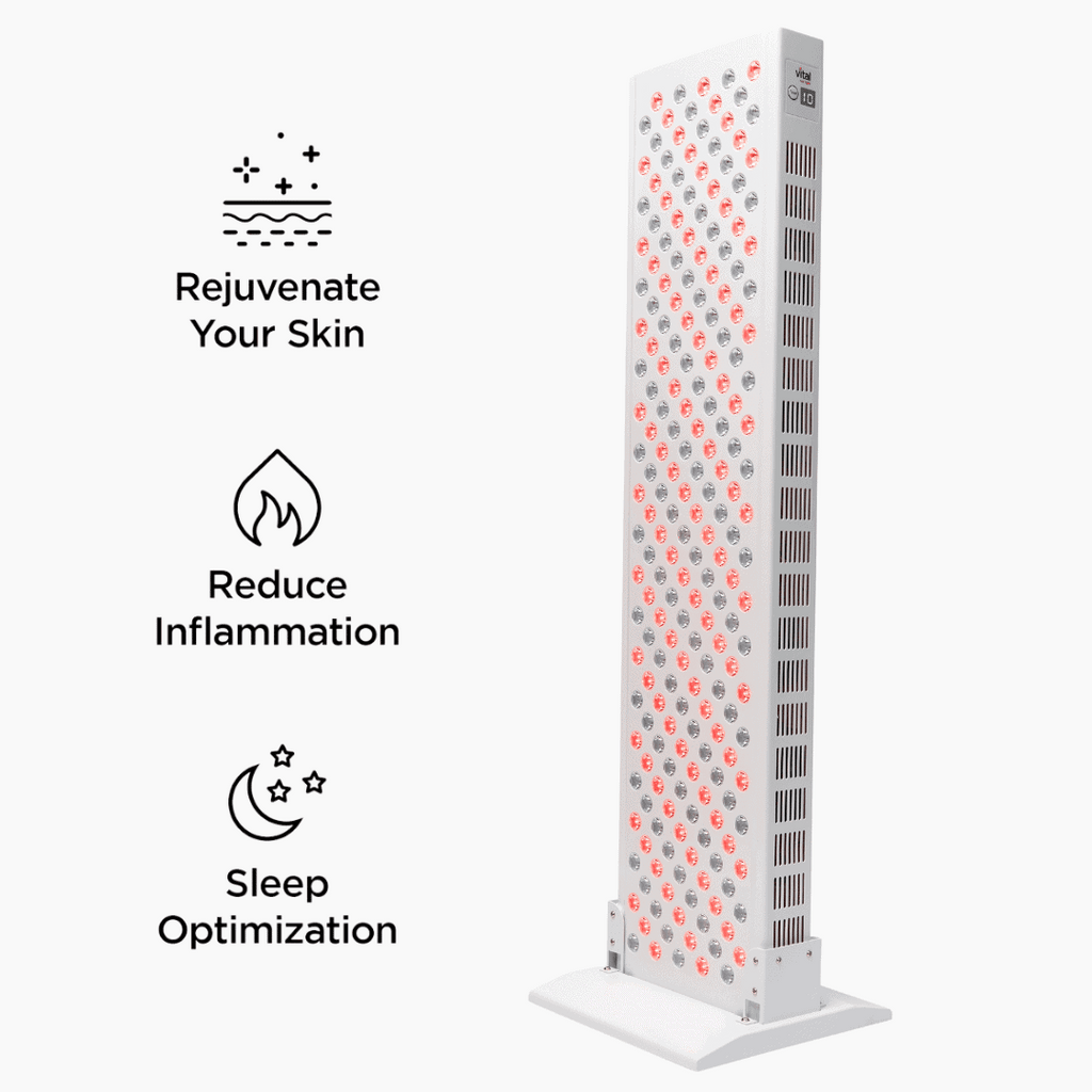 Tall vertical device with red and gray pattern on a white background, featuring icons and text about health benefits.