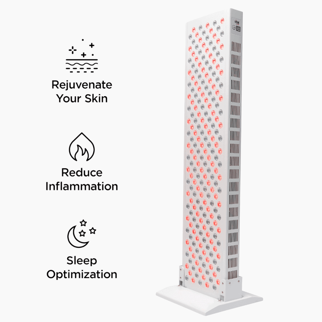 Tall vertical device with red and gray pattern on a white background, featuring icons and text about health benefits.
